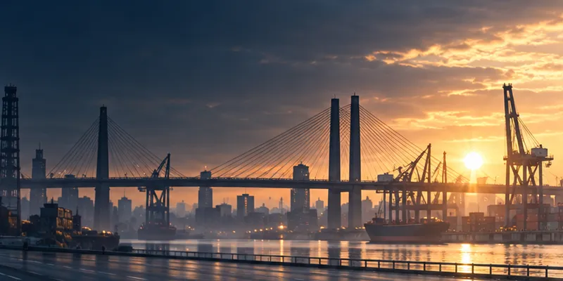 Brücke und Hafen bei Sonnenuntergang